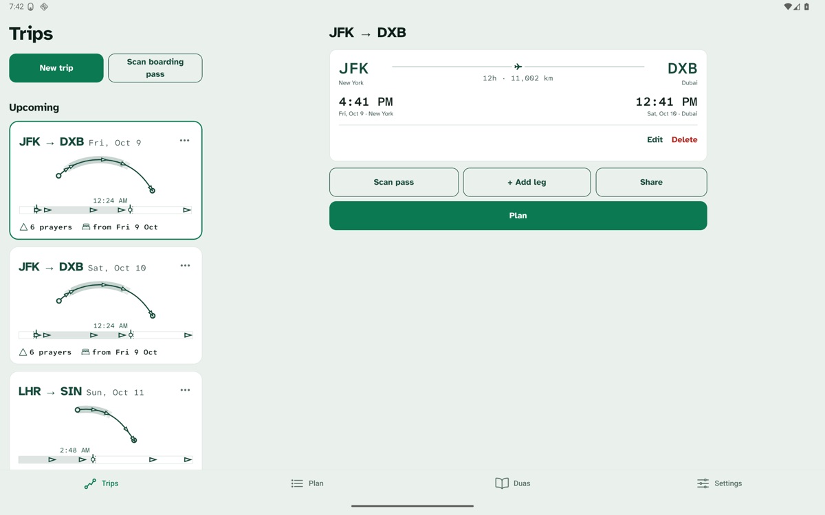 FlySalah on an Android tablet in landscape: trips beside trip details