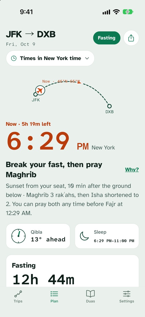FlySalah on a JFK to Dubai flight during Ramadan: break your fast, then pray Maghrib at 6:29 PM, sunset from your seat 10 minutes after the ground below, a fast of 12 hours 44 minutes