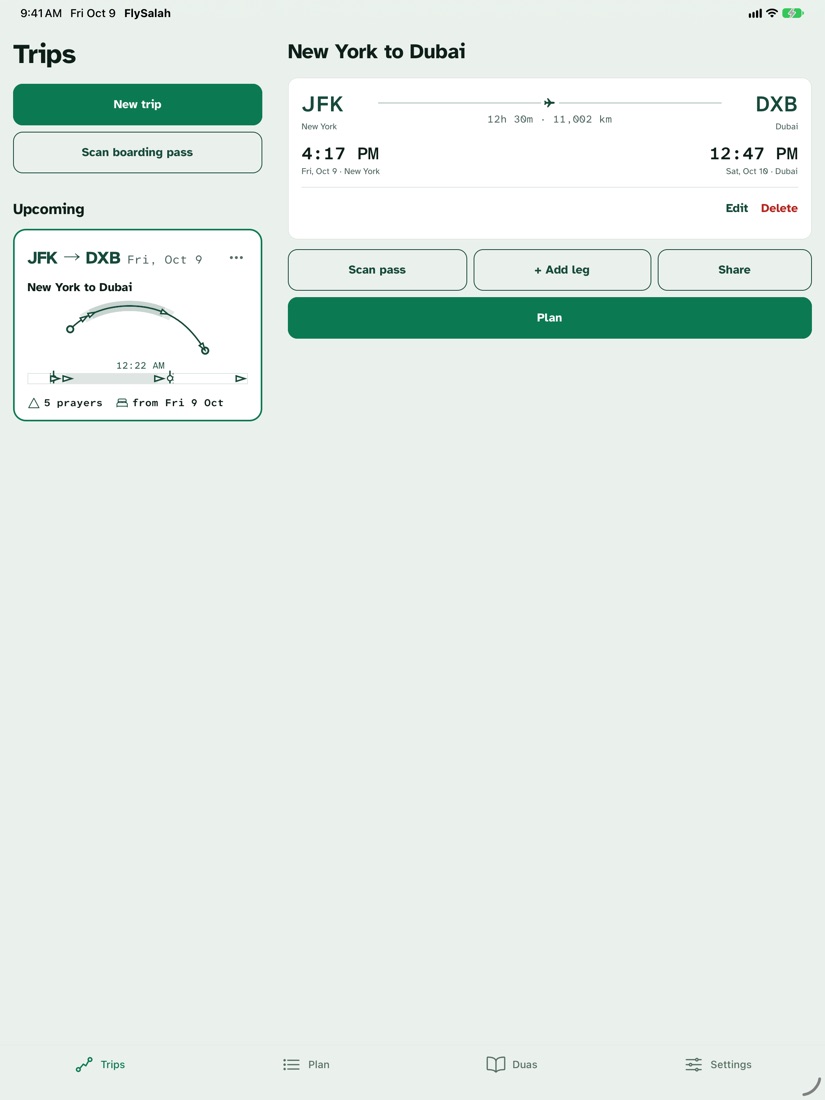 FlySalah on iPad: your trips listed on the left, the selected JFK to Dubai trip on the right