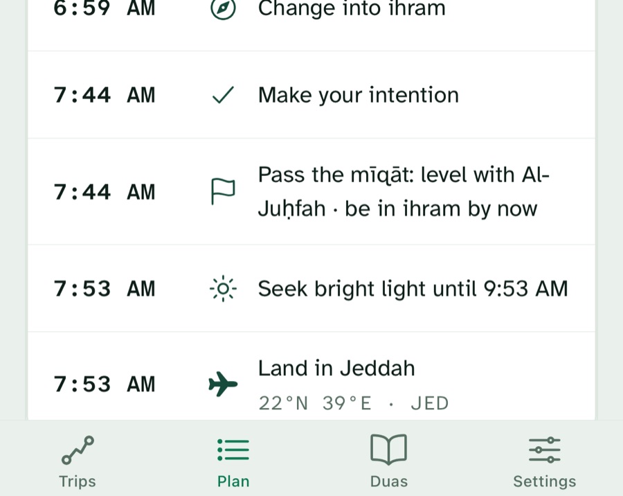 FlySalah on a London to Jeddah flight: change into ihram at 6:59 AM, make your intention at 7:44 AM, pass the mīqāt level with Al-Juḥfah, land in Jeddah at 7:53 AM