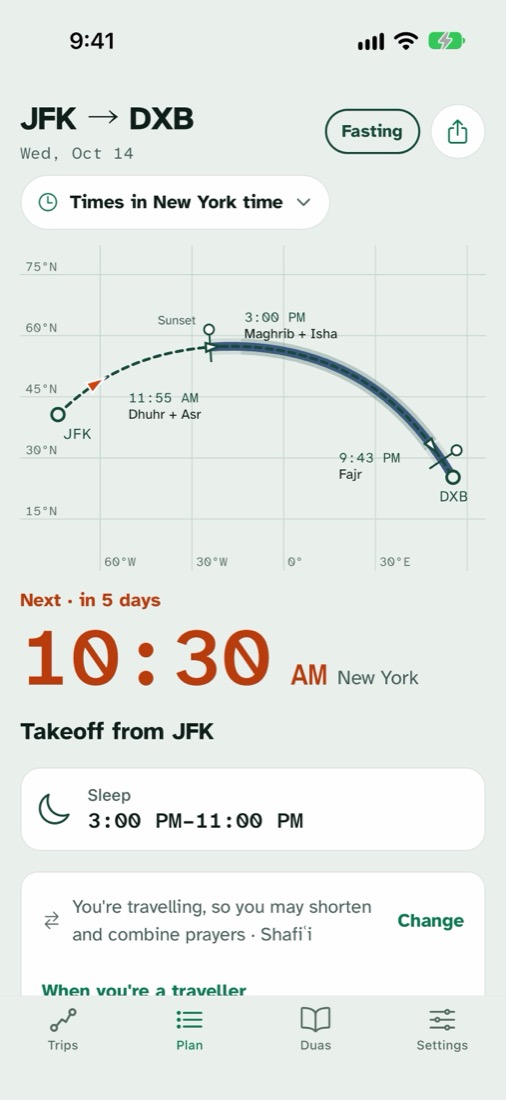 The route chart for JFK to Dubai with each prayer marked where it falls along the flight path