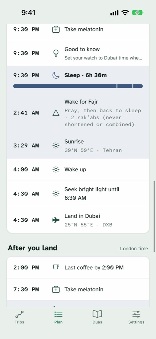The in-flight timeline: Dhuhr and Asr together, melatonin at 3 PM, sleep for 8 hours, wake for Maghrib and Isha, then wake for Fajr