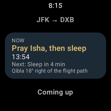 Wear OS tile: Pray Isha, then sleep, next sleep in 4 minutes, Qibla 18 degrees right of the flight path